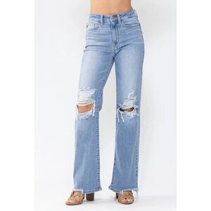 Judy Blue 18W Straight Leg Jeans Distressed Knees High Waist‎ Denim NWT
